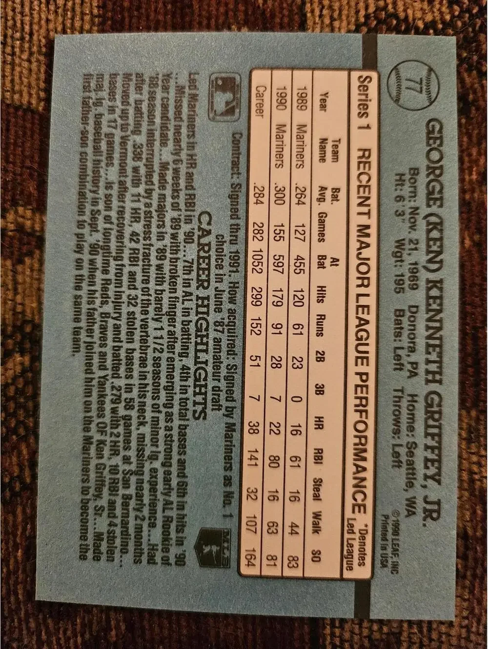 Ken Griffey Jr - HOF - 1991 Donruss  #77 - Seattle Mariners- MLB Baseball